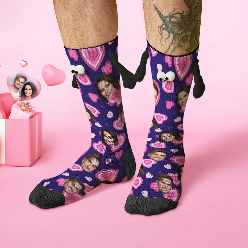 Custom Face Socks Funny Doll Mid Tube Purple Socks Magnetic Holding Hands Socks Pink Heart Valentine's Day Gifts - MyFaceSocksAu