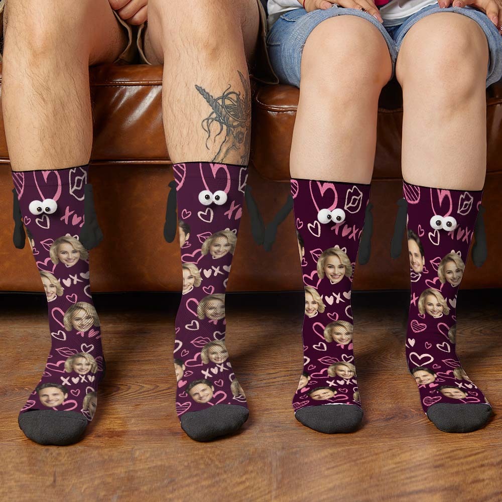 Custom Face Socks Funny Doll Mid Tube Socks Magnetic Holding Hands Socks XOXO Valentine's Day Gifts - MyFaceSocksAu
