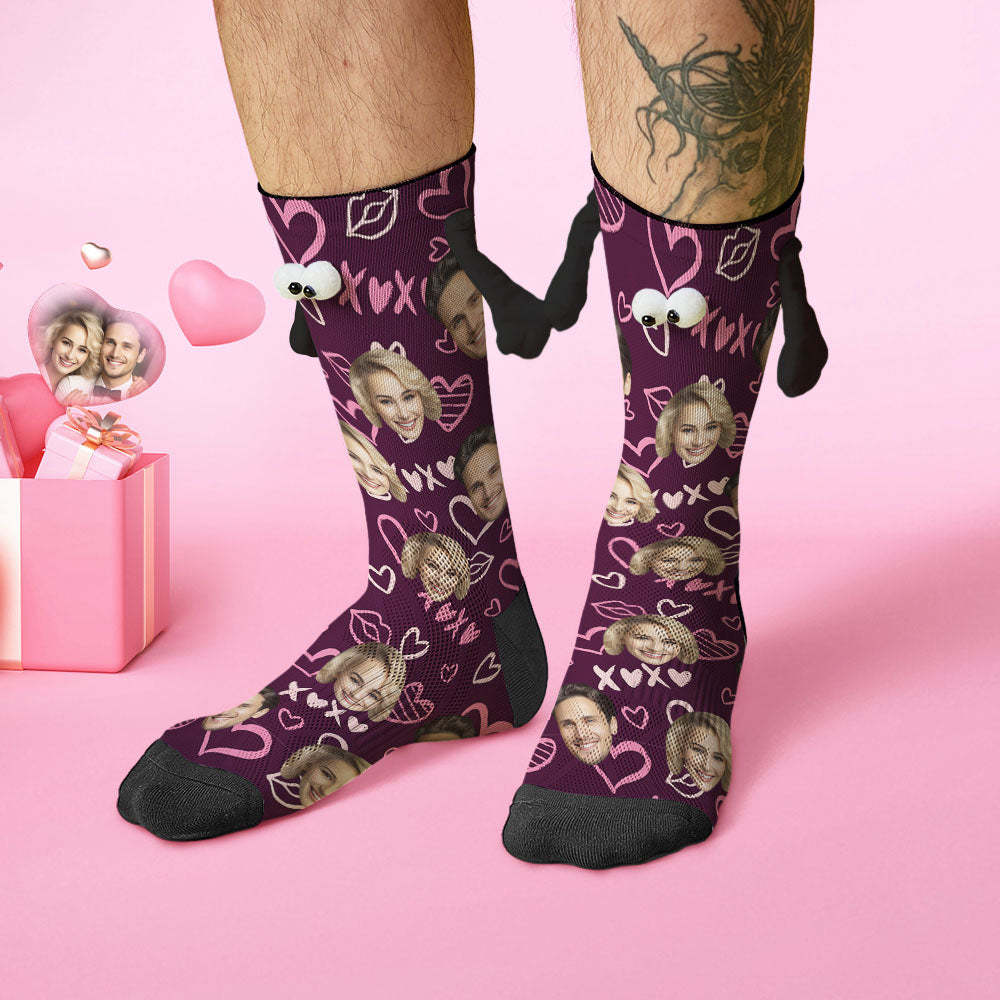 Custom Face Socks Funny Doll Mid Tube Socks Magnetic Holding Hands Socks XOXO Valentine's Day Gifts - MyFaceSocksAu