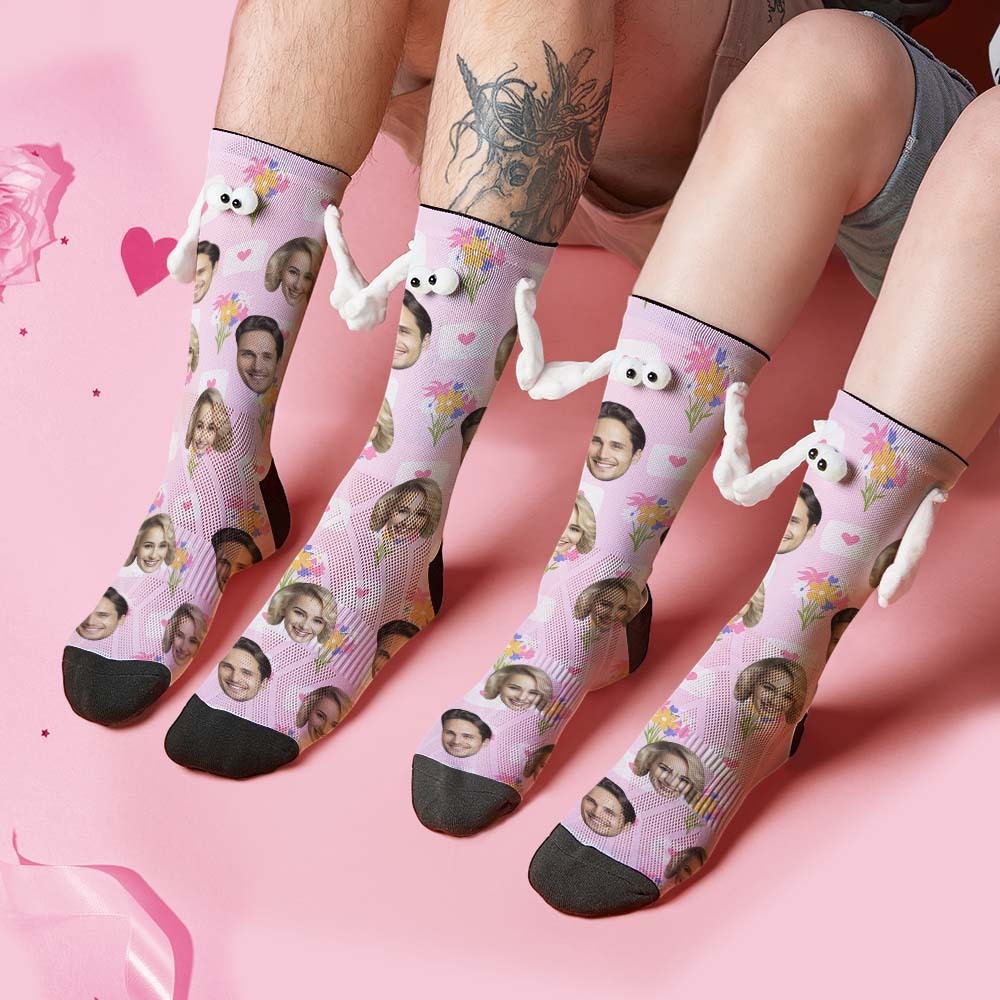 Custom Face Socks Funny Doll Mid Tube Socks Magnetic Holding Hands Socks Flower Valentine's Day Gifts - MyFaceSocksAu