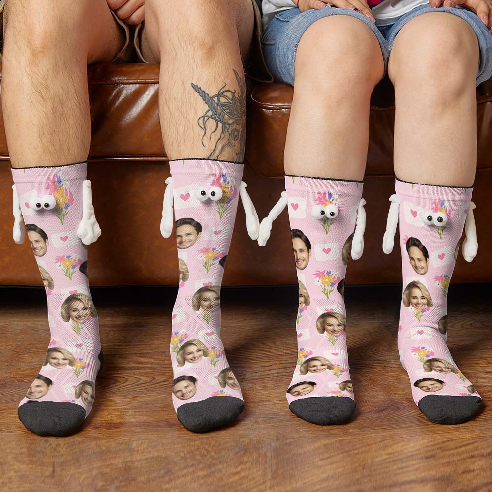 Custom Face Socks Funny Doll Mid Tube Socks Magnetic Holding Hands Socks Flower Valentine's Day Gifts - MyFaceSocksAu