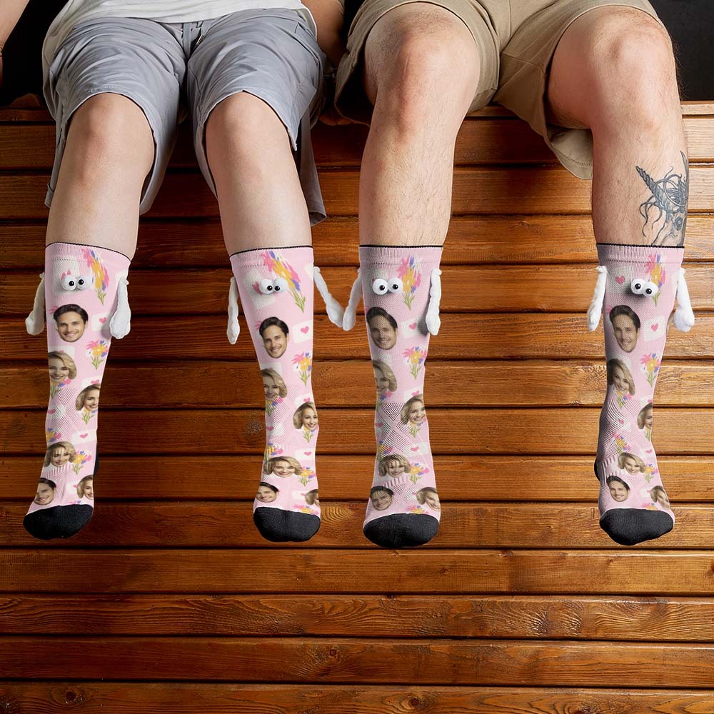 Custom Face Socks Funny Doll Mid Tube Socks Magnetic Holding Hands Socks Flower Valentine's Day Gifts - MyFaceSocksAu