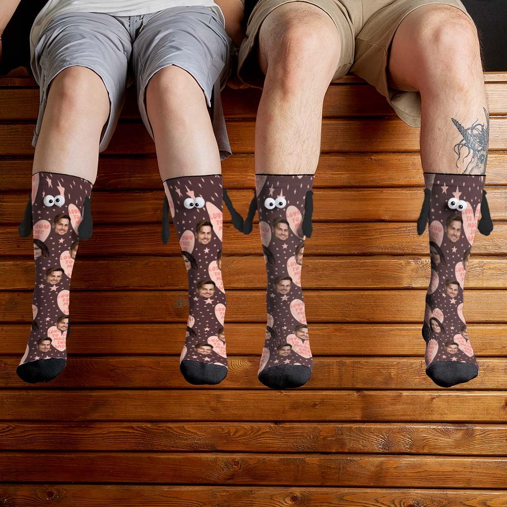 Custom Face Socks Funny Doll Mid Tube Socks Magnetic Holding Hands Socks Love You to The Moon And Back Valentine's Day Gifts - MyFaceSocksAu