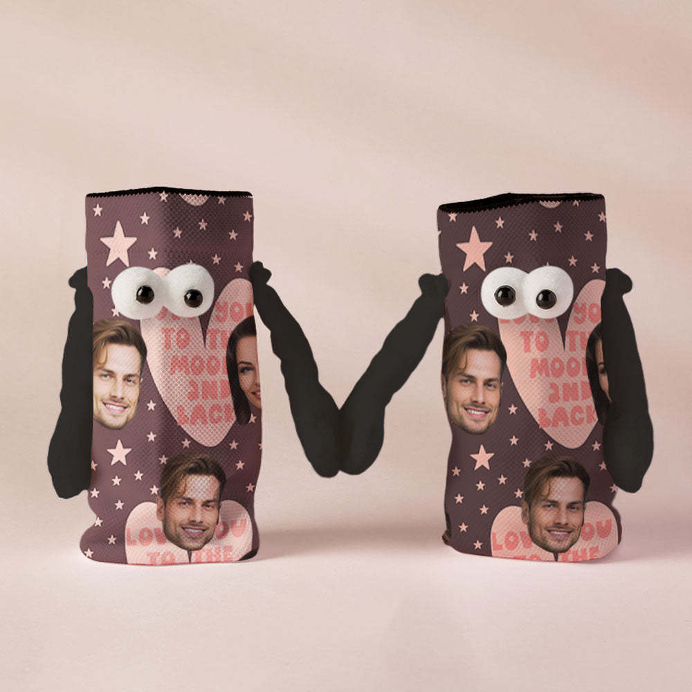 Custom Face Socks Funny Doll Mid Tube Socks Magnetic Holding Hands Socks Love You to The Moon And Back Valentine's Day Gifts - MyFaceSocksAu