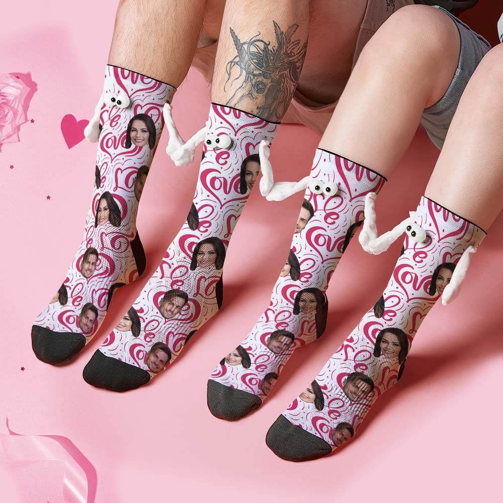 Custom Face Socks Funny Doll Mid Tube Socks Magnetic Holding Hands Socks Love Heart Valentine's Day Gifts - MyFaceSocksAu