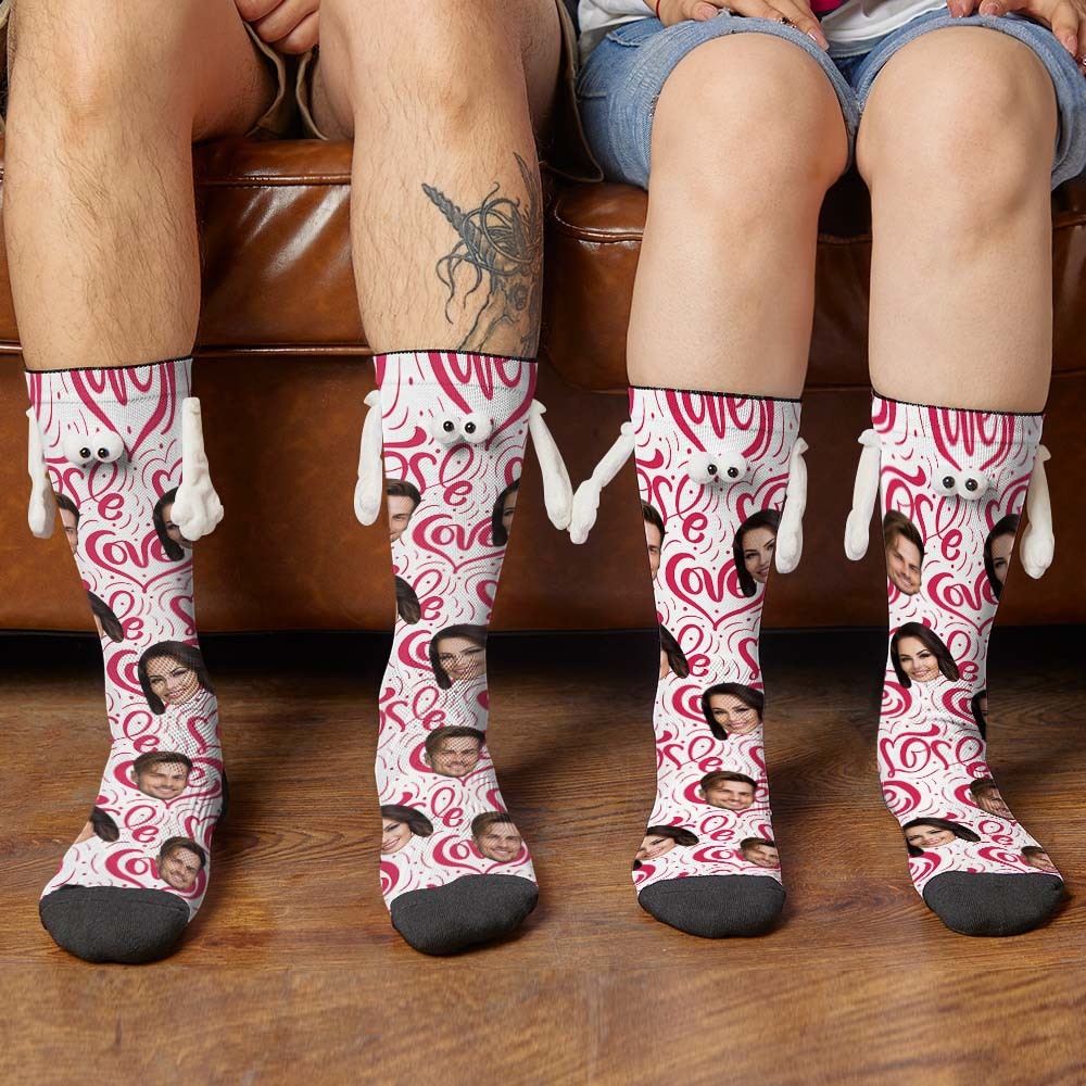 Custom Face Socks Funny Doll Mid Tube Socks Magnetic Holding Hands Socks Love Heart Valentine's Day Gifts - MyFaceSocksAu