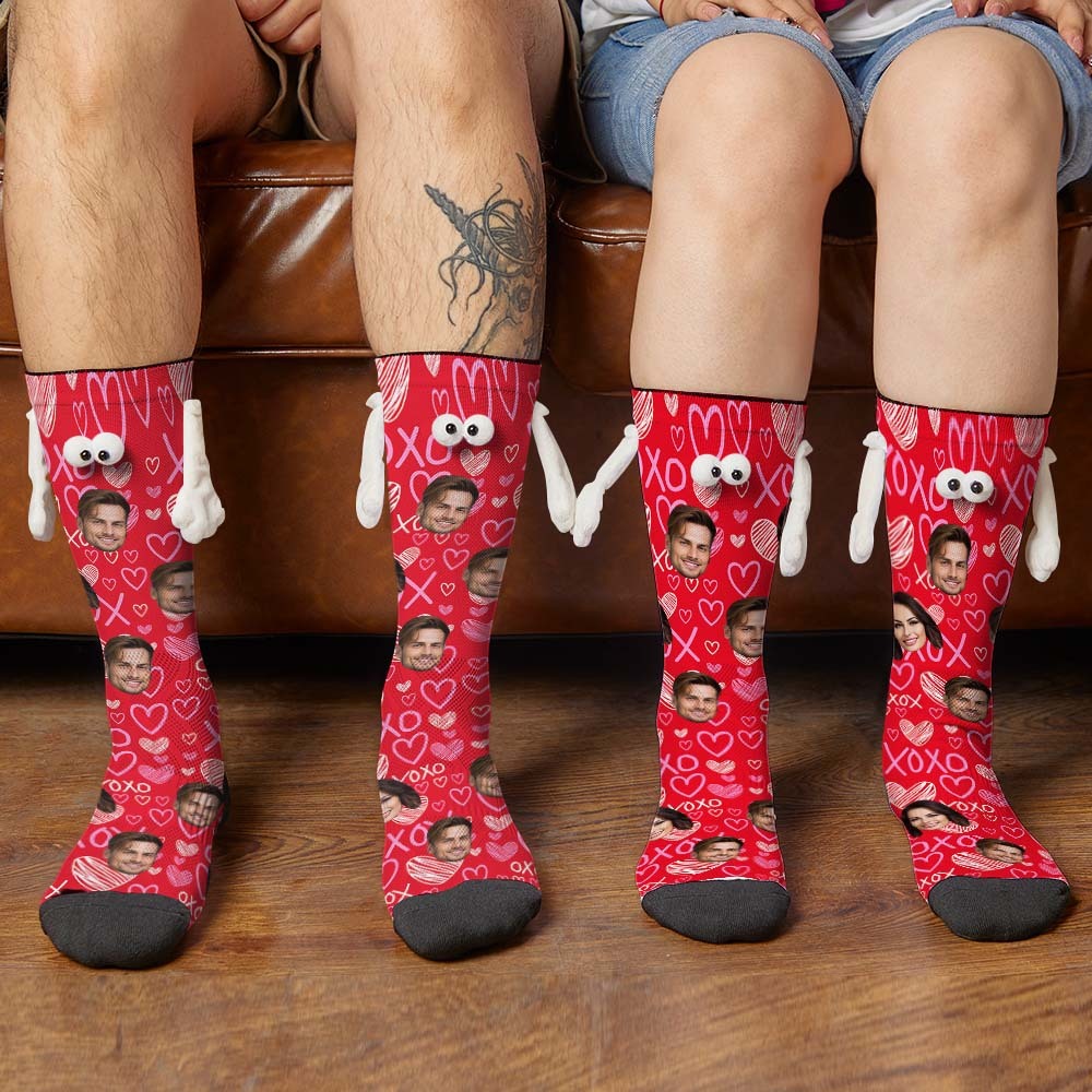 Custom Face Socks Funny Doll Mid Tube Red Socks Magnetic Holding Hands Socks XOXO Valentine's Day Gifts - MyFaceSocksAu