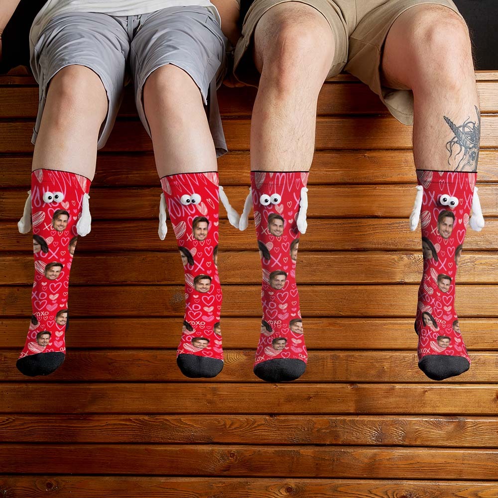 Custom Face Socks Funny Doll Mid Tube Red Socks Magnetic Holding Hands Socks XOXO Valentine's Day Gifts - MyFaceSocksAu