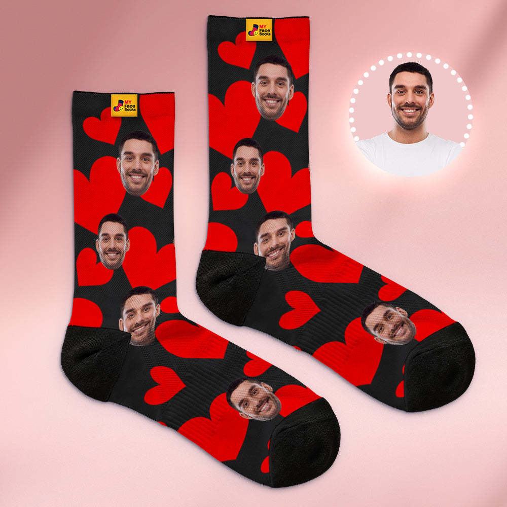 Custom Breathable Face Socks Online Preview Add Pictures Red Hearts  Valentine's Day Gifts for Couple - MyFaceSocksAu