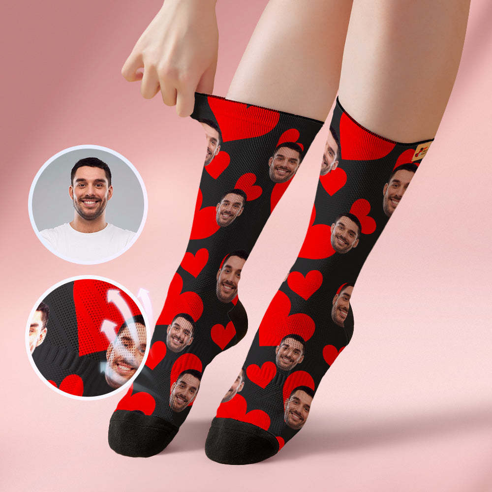 Custom Breathable Face Socks Online Preview Add Pictures Red Hearts  Valentine's Day Gifts for Couple - MyFaceSocksAu