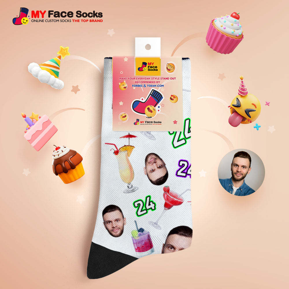 Custom Breathable Face Socks Number And Face Socks Birthday Desserts And Drinks - MyFaceSocksAu