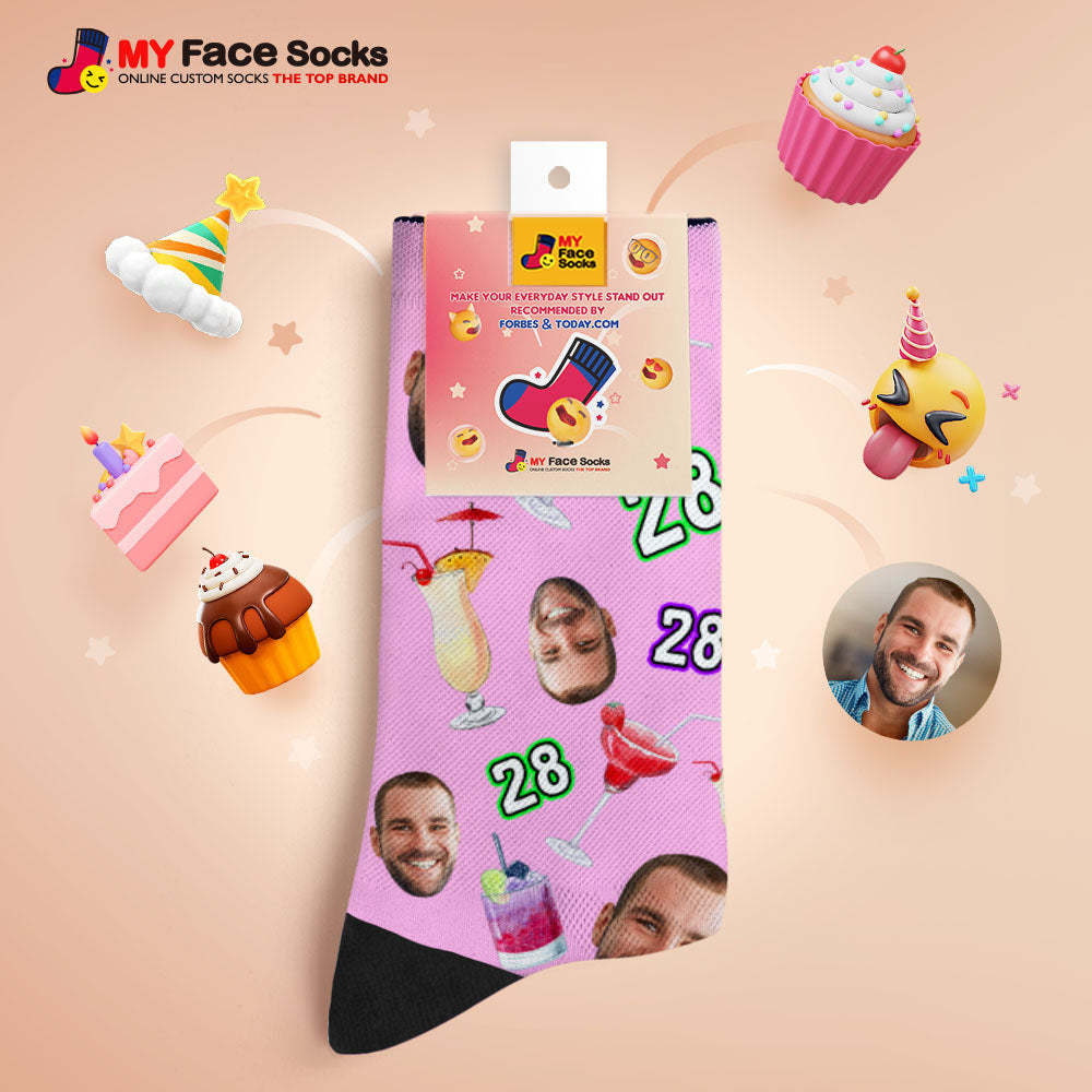 Custom Breathable Face Socks Number And Face Socks Birthday Desserts And Drinks - MyFaceSocksAu
