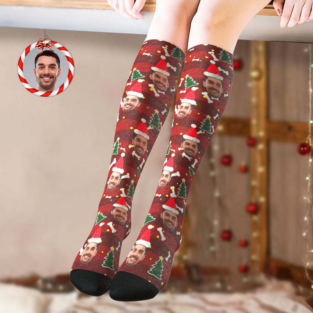 Custom Knee High Socks Personalized Face Christmas Socks Christmas Tree - MyFaceSocksAu