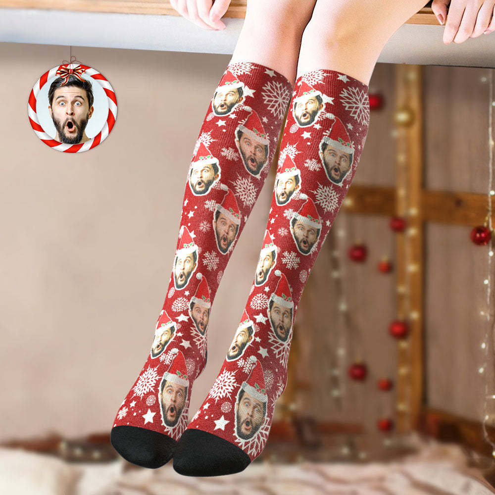 Custom Knee High Socks Personalized Face Christmas Socks Snowflake - MyFaceSocksAu