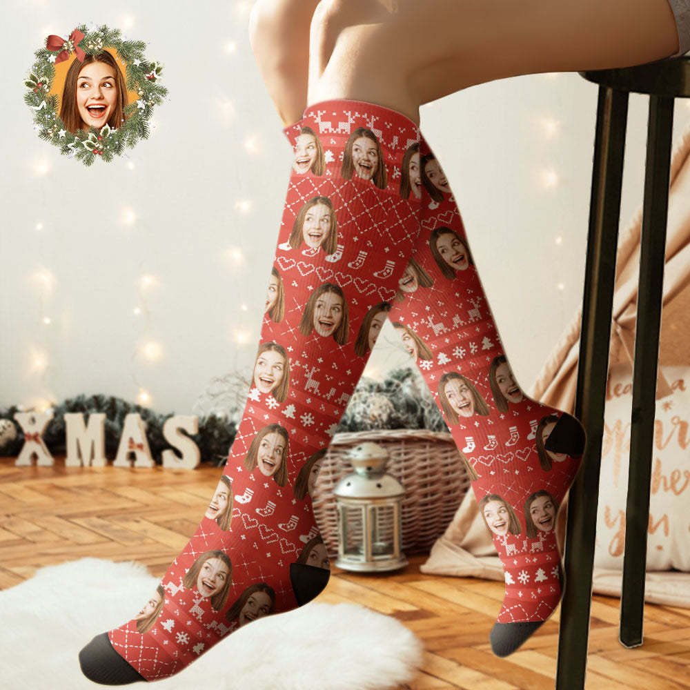 Custom Knee High Socks Personalized Face Christmas Socks Special Lines Add Pictrues - MyFaceSocksAu