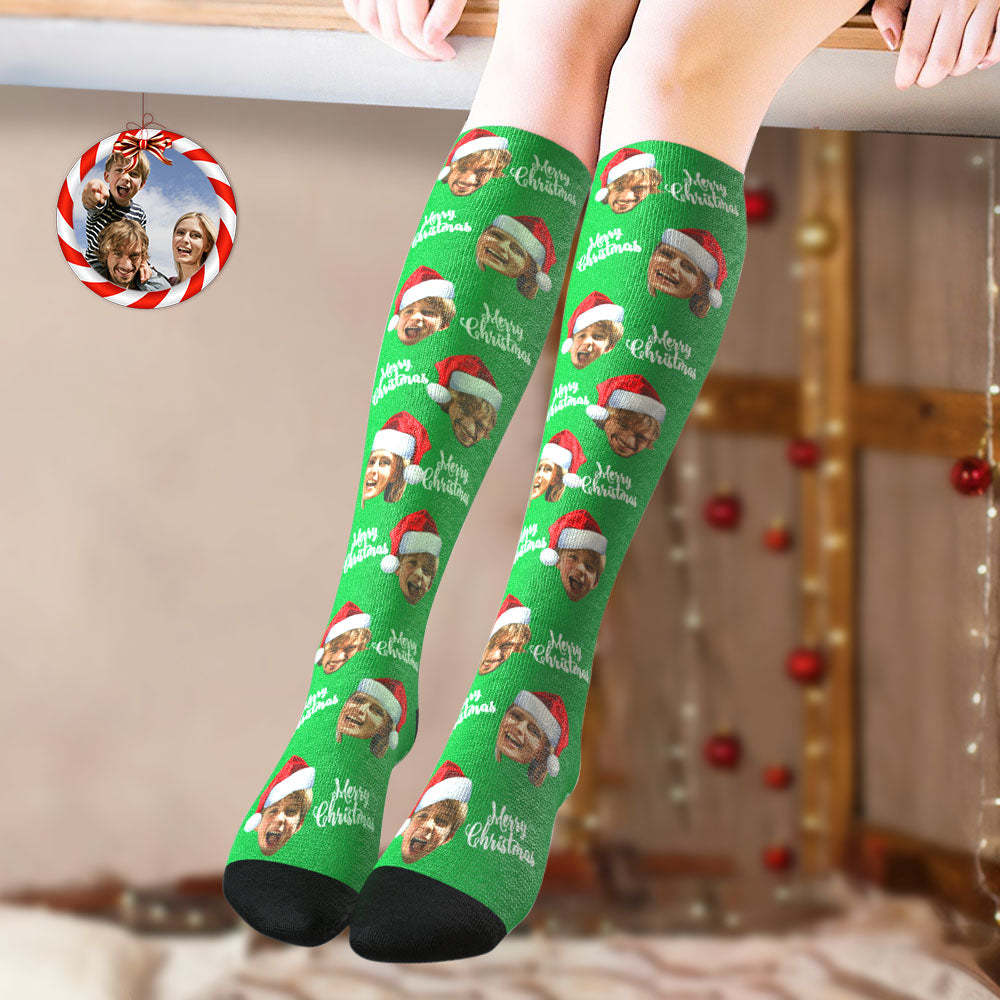 Custom Knee High Socks Personalized Face Socks Merry Christmas - MyFaceSocksAu