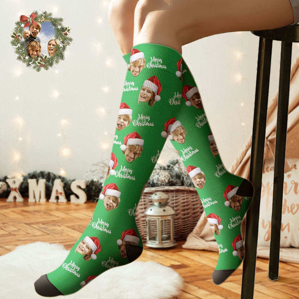Custom Knee High Socks Personalized Face Socks Merry Christmas - MyFaceSocksAu