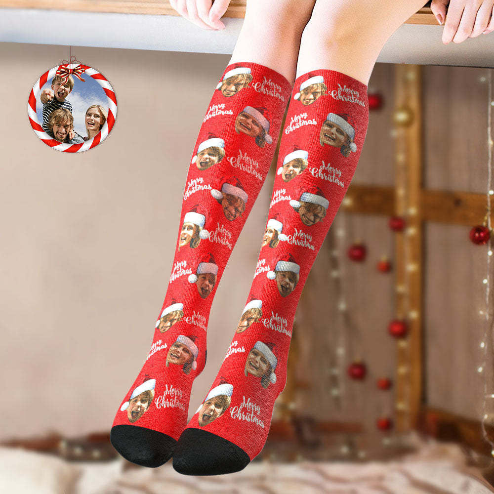 Custom Knee High Socks Personalized Face Socks Merry Christmas - MyFaceSocksAu