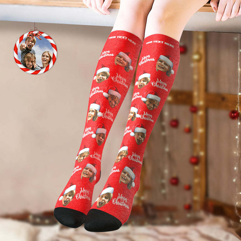 Custom Knee High Socks Personalized Face Socks Merry Christmas - MyFaceSocksAu