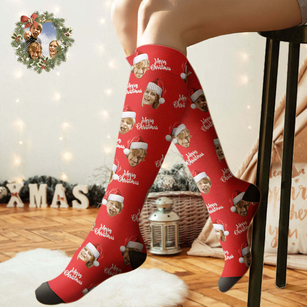 Custom Knee High Socks Personalized Face Socks Merry Christmas - MyFaceSocksAu