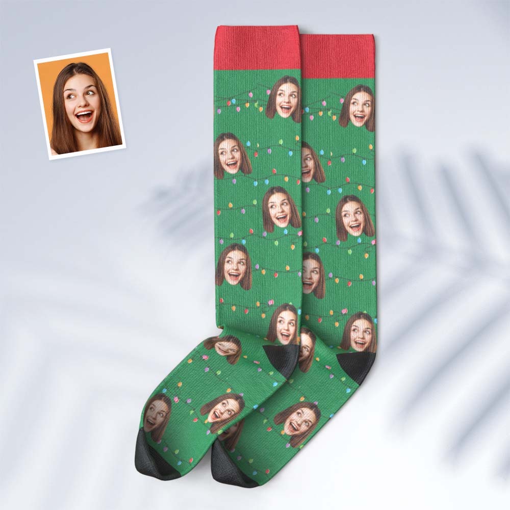 Custom Face Knee High Socks Personalised Photo Socks Christmas Lights - MyFaceSocksAu