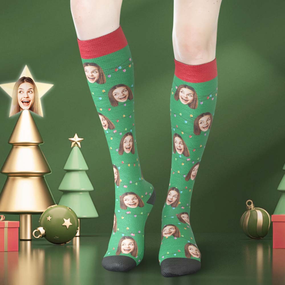 Custom Face Knee High Socks Personalised Photo Socks Christmas Lights - MyFaceSocksAu