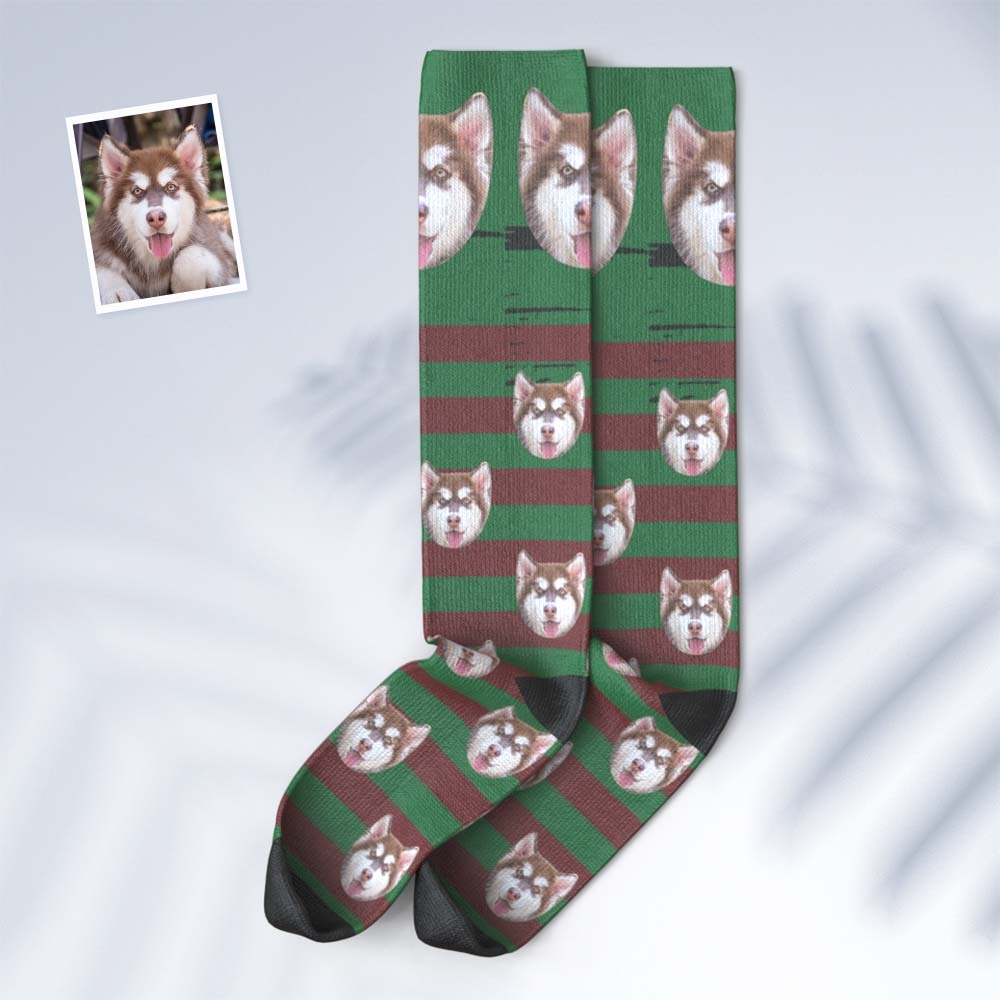 Custom Face Knee High Socks Personalised Pet's Photo Socks Christmas Gifts - Green - MyFaceSocksAu