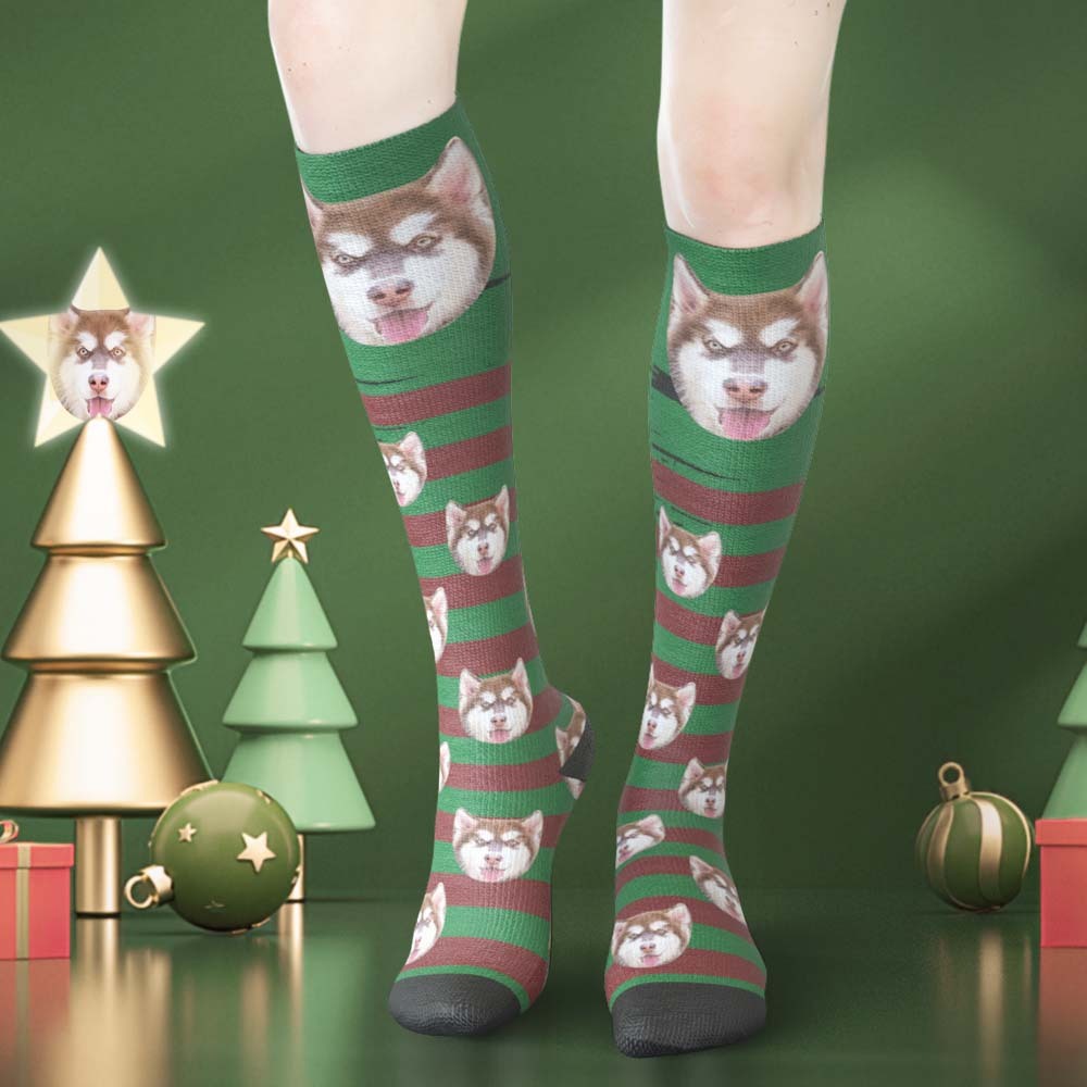 Custom Face Knee High Socks Personalised Pet's Photo Socks Christmas Gifts - Green - MyFaceSocksAu