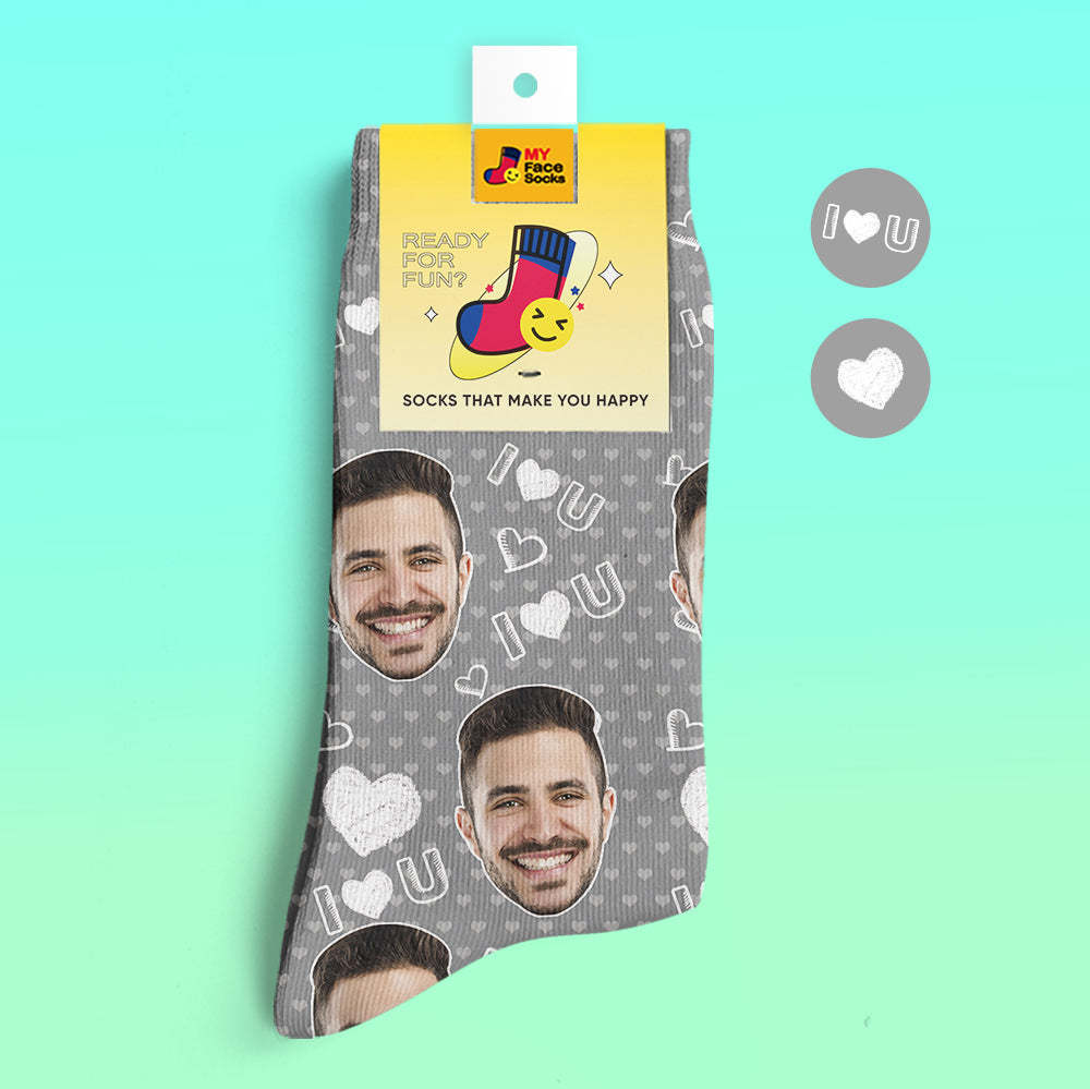 Custom 3D Digital Printed Socks Add Pictures and Name I Love U Heart - MyFaceSocksAu