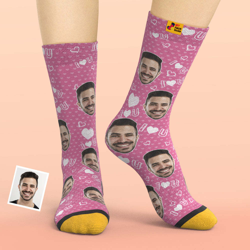 Custom 3D Digital Printed Socks Add Pictures and Name I Love U Heart - MyFaceSocksAu