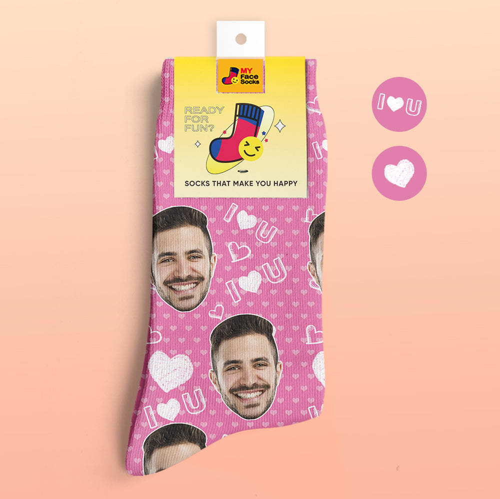 Custom 3D Digital Printed Socks Add Pictures and Name I Love U Heart - MyFaceSocksAu