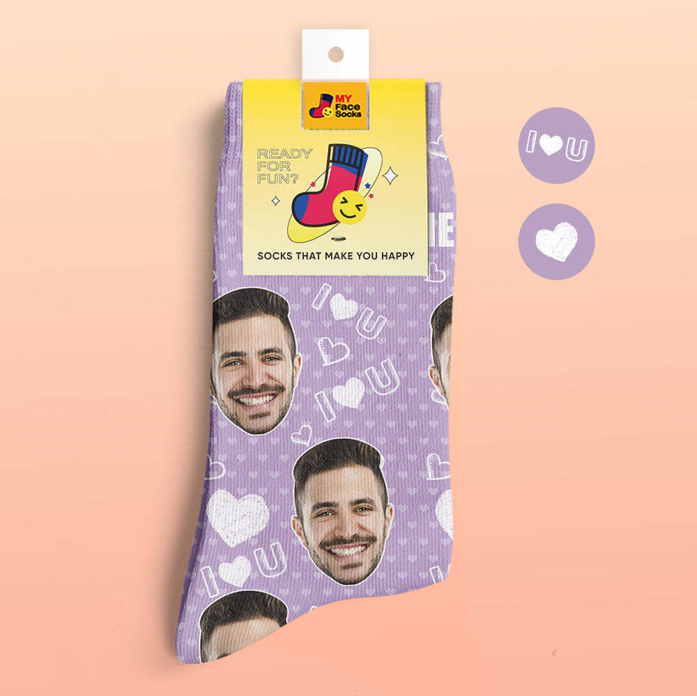 Custom 3D Digital Printed Socks Add Pictures and Name I Love U Heart - MyFaceSocksAu