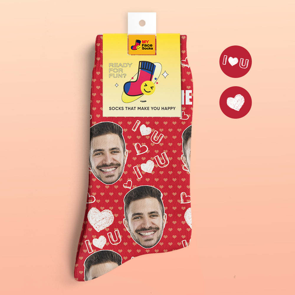 Custom 3D Digital Printed Socks Add Pictures and Name I Love U Heart - MyFaceSocksAu