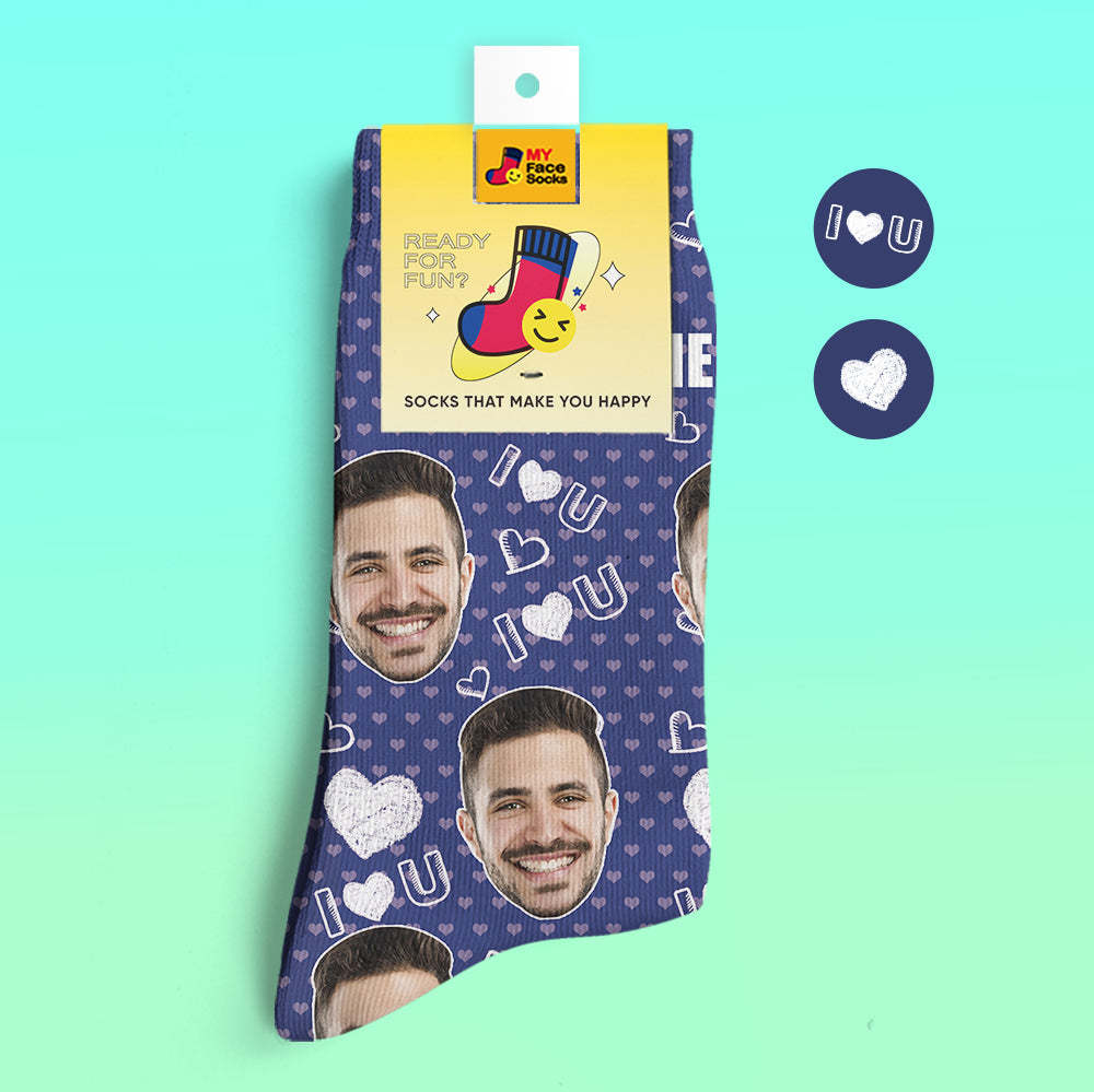Custom 3D Digital Printed Socks Add Pictures and Name I Love U Heart - MyFaceSocksAu