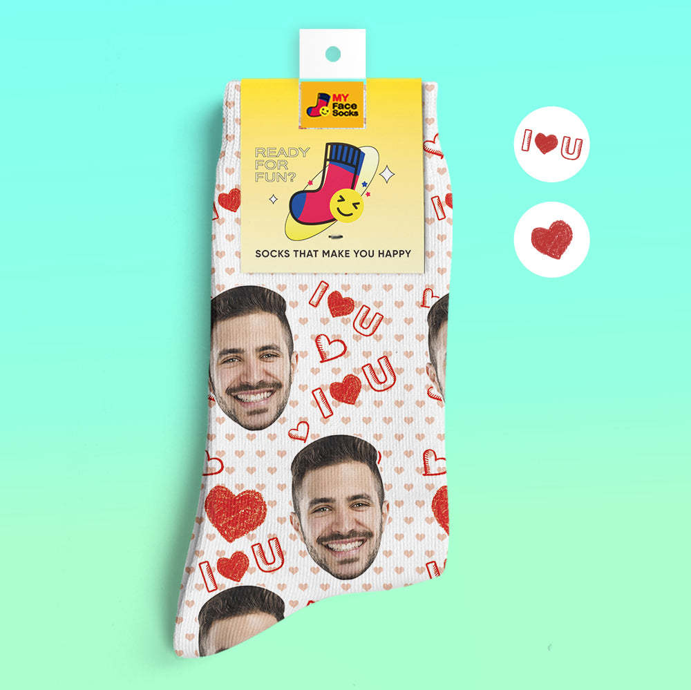 Custom 3D Digital Printed Socks Add Pictures and Name I Love U Heart - MyFaceSocksAu