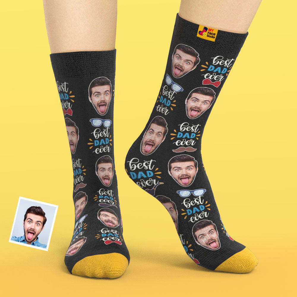 Custom 3D Digital Printed Socks Best Dad Ever With Bow Tie And Eye Elements - MyFaceSocksAu
