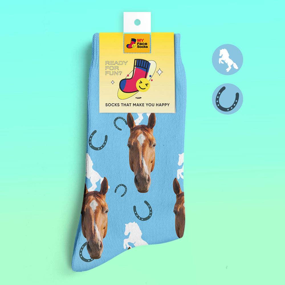 Custom 3D Digital Printed Socks Add Pictures and Name Horse - MyFaceSocksAu