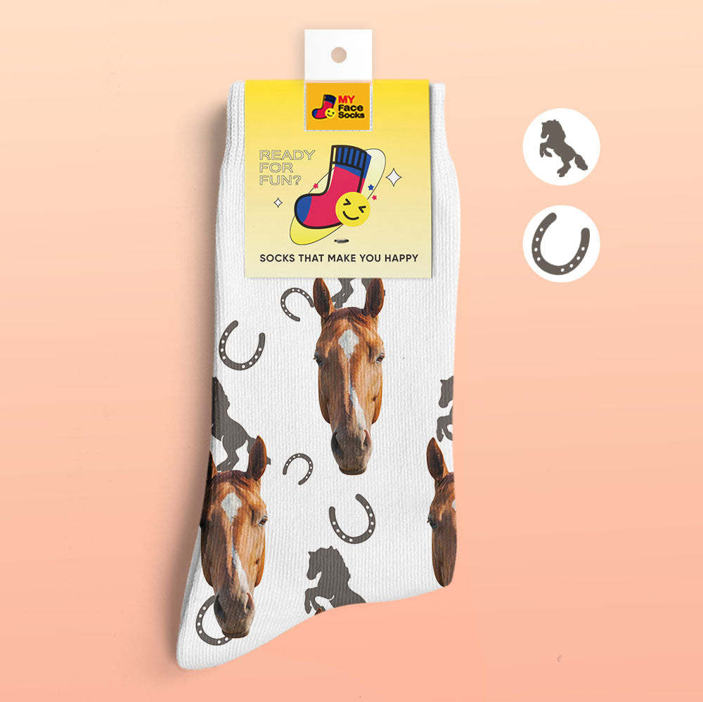 Custom 3D Digital Printed Socks Add Pictures and Name Horse - MyFaceSocksAu