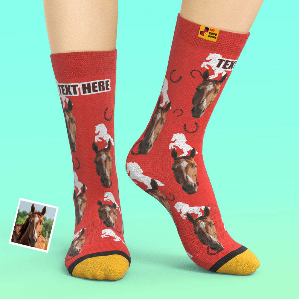 Custom 3D Digital Printed Socks Add Pictures and Name Horse - MyFaceSocksAu