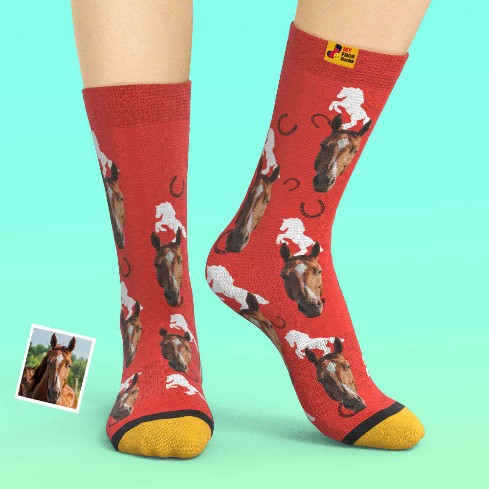 Custom 3D Digital Printed Socks Add Pictures and Name Horse - MyFaceSocksAu