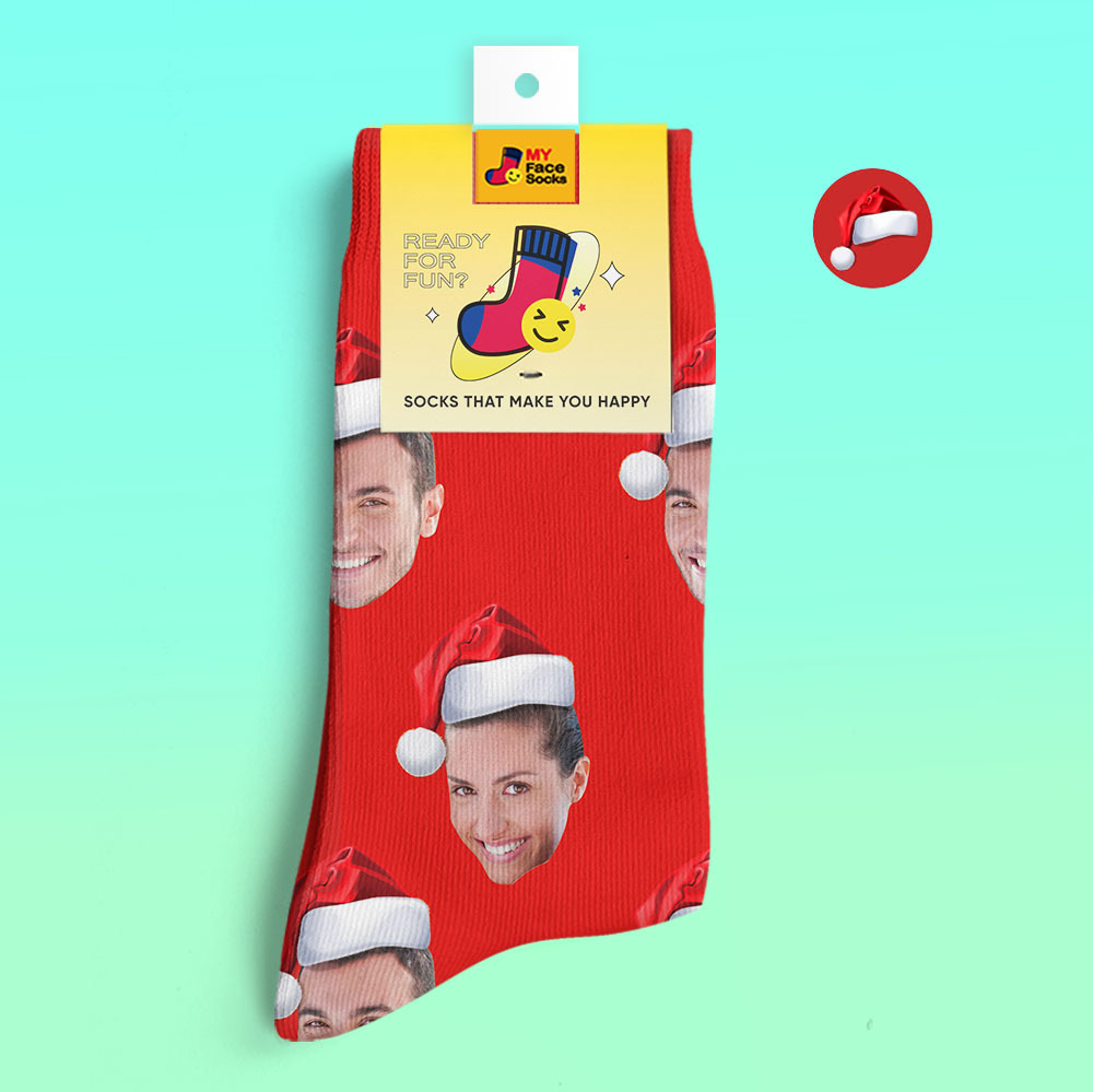 Custom 3D Digital Printed Socks Wear Santa Hat Christmas Gift - MyFaceSocksAu