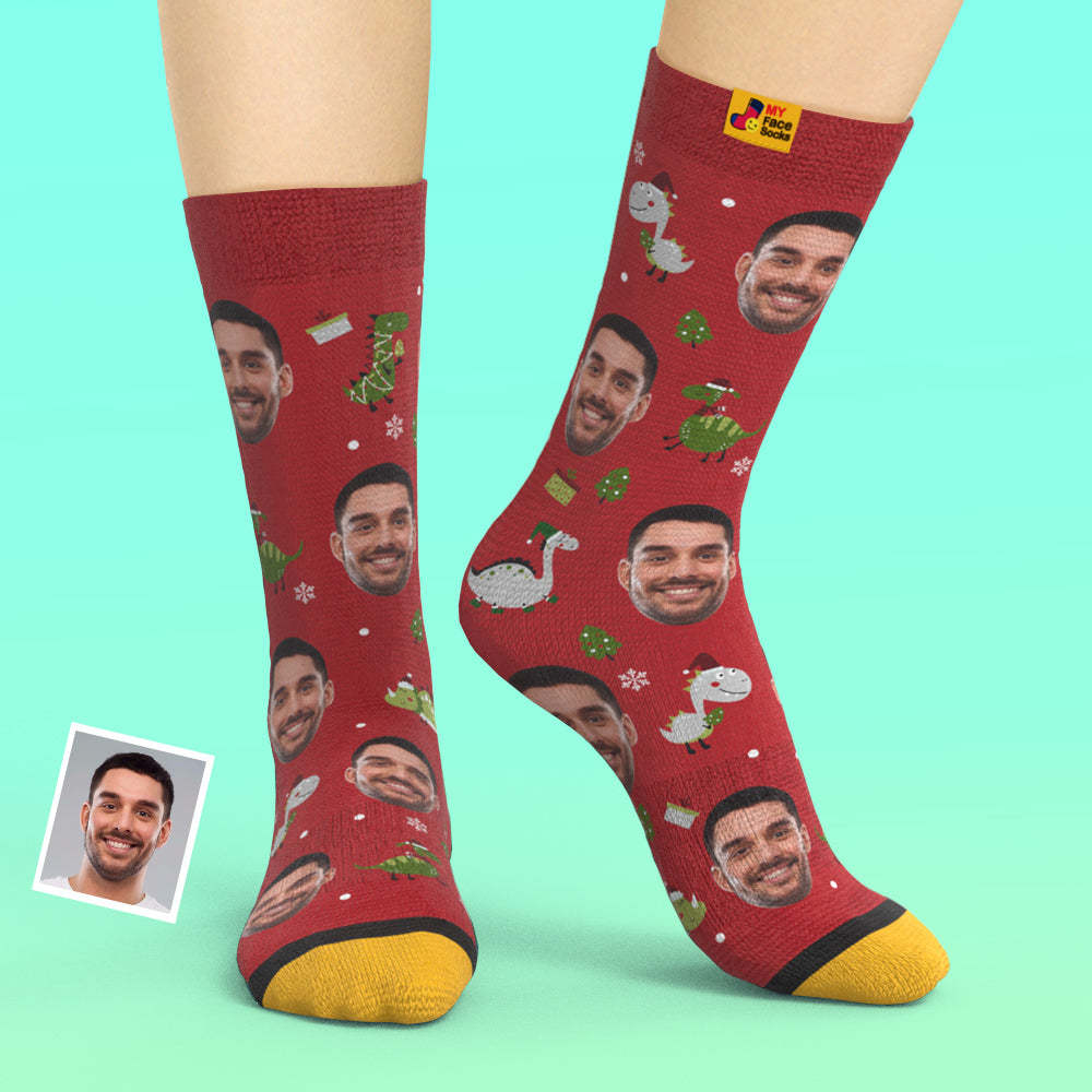 Christmas Gifts,Custom 3D Digital Printed Socks My Face Socks Add Pictures and Name Santa Hat Dinosaur - MyFaceSocksAu