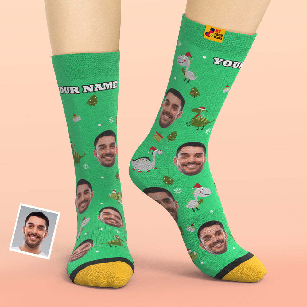 Christmas Gifts,Custom 3D Digital Printed Socks My Face Socks Add Pictures and Name Santa Hat Dinosaur - MyFaceSocksAu