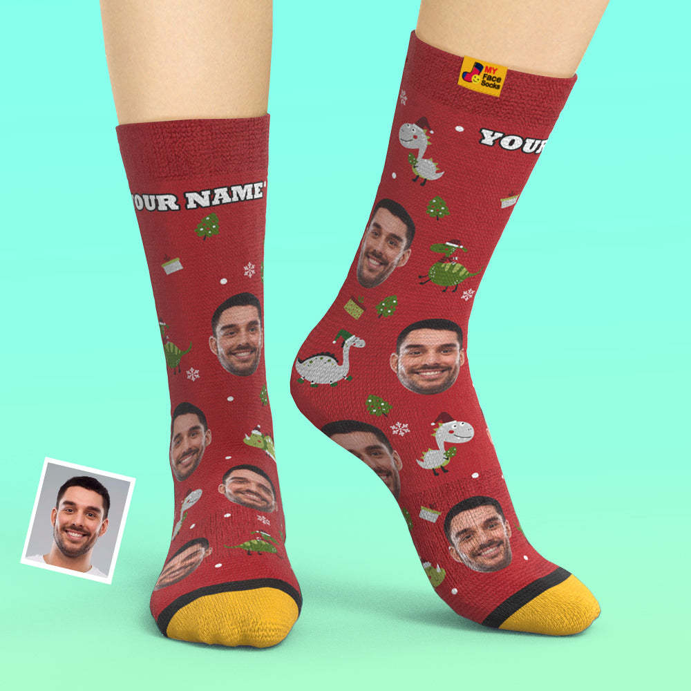 Christmas Gifts,Custom 3D Digital Printed Socks My Face Socks Add Pictures and Name Santa Hat Dinosaur - MyFaceSocksAu