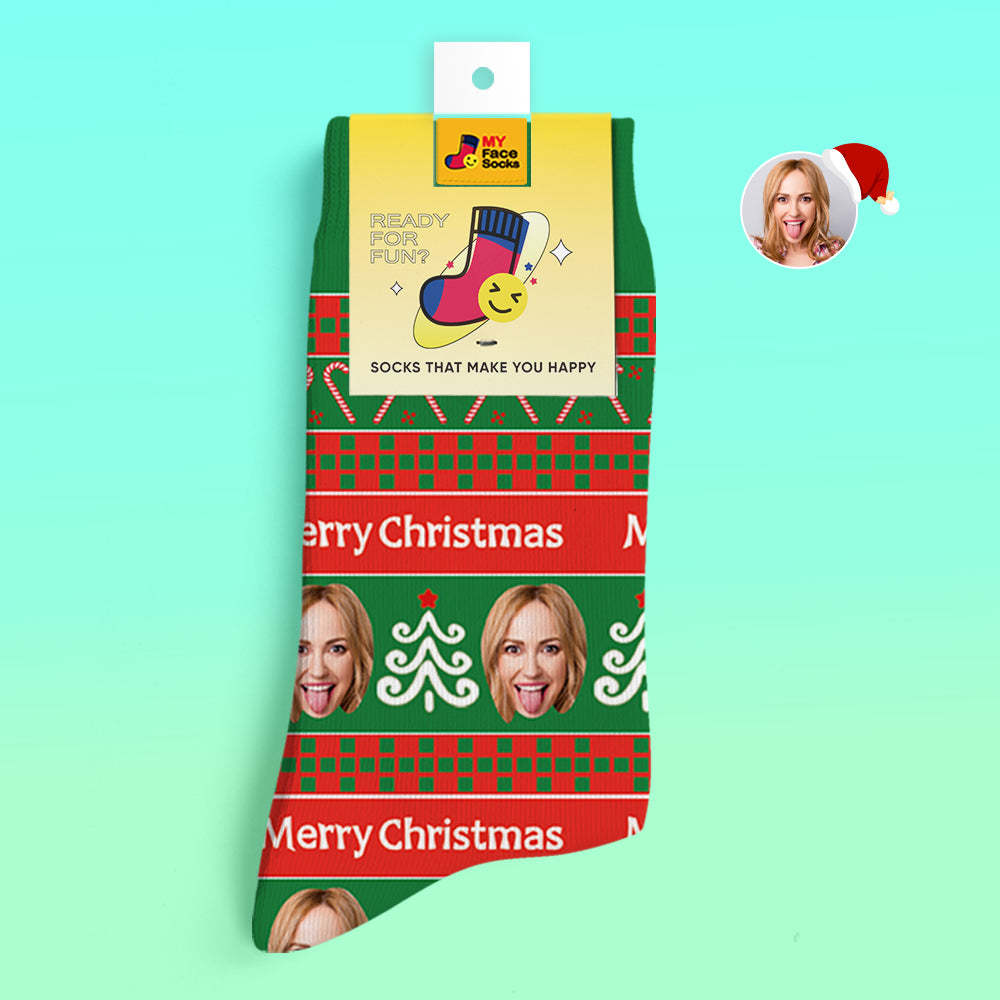 Custom 3D Digital Printed Socks Add Pictures and Name Green Santa Socks Christmas Gift - MyFaceSocksAu