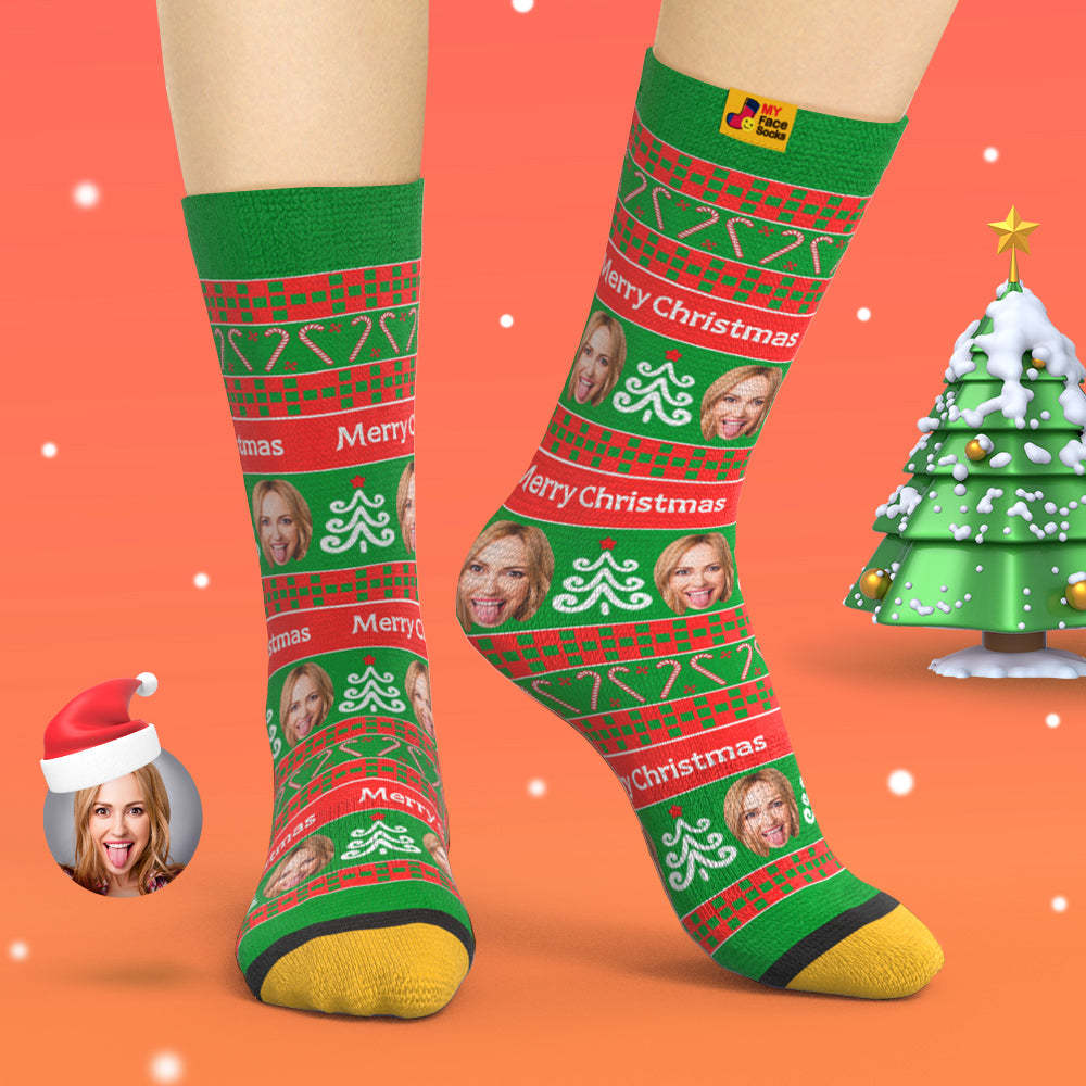 Custom 3D Digital Printed Socks Add Pictures and Name Green Santa Socks Christmas Gift - MyFaceSocksAu