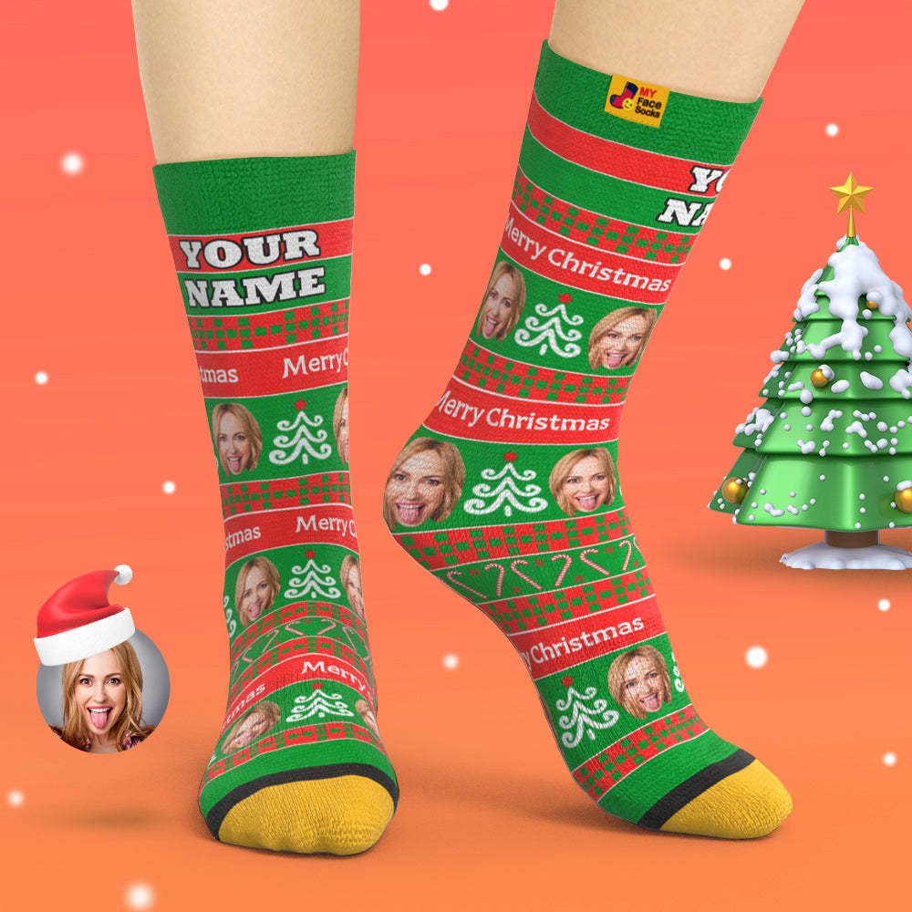 Custom 3D Digital Printed Socks Add Pictures and Name Green Santa Socks Christmas Gift - MyFaceSocksAu