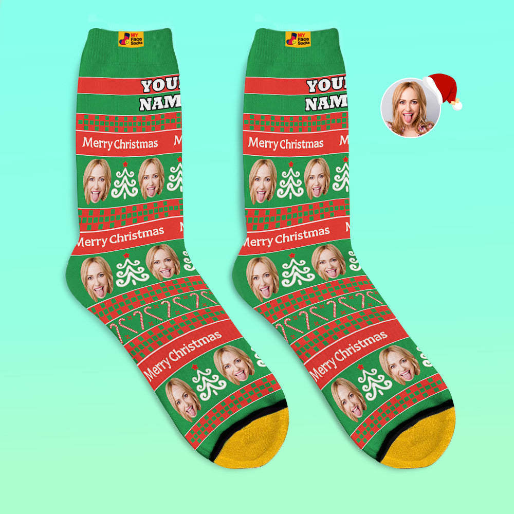 Custom 3D Digital Printed Socks Add Pictures and Name Green Santa Socks Christmas Gift - MyFaceSocksAu