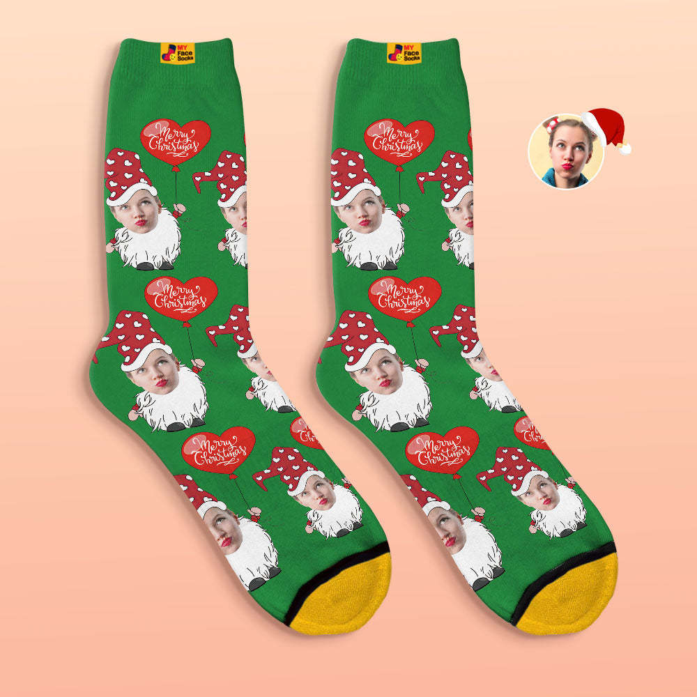 Custom 3D Digital Printed Socks Christmas Gnome With Heart Shaped Balloon Christmas Socks - MyFaceSocksAu