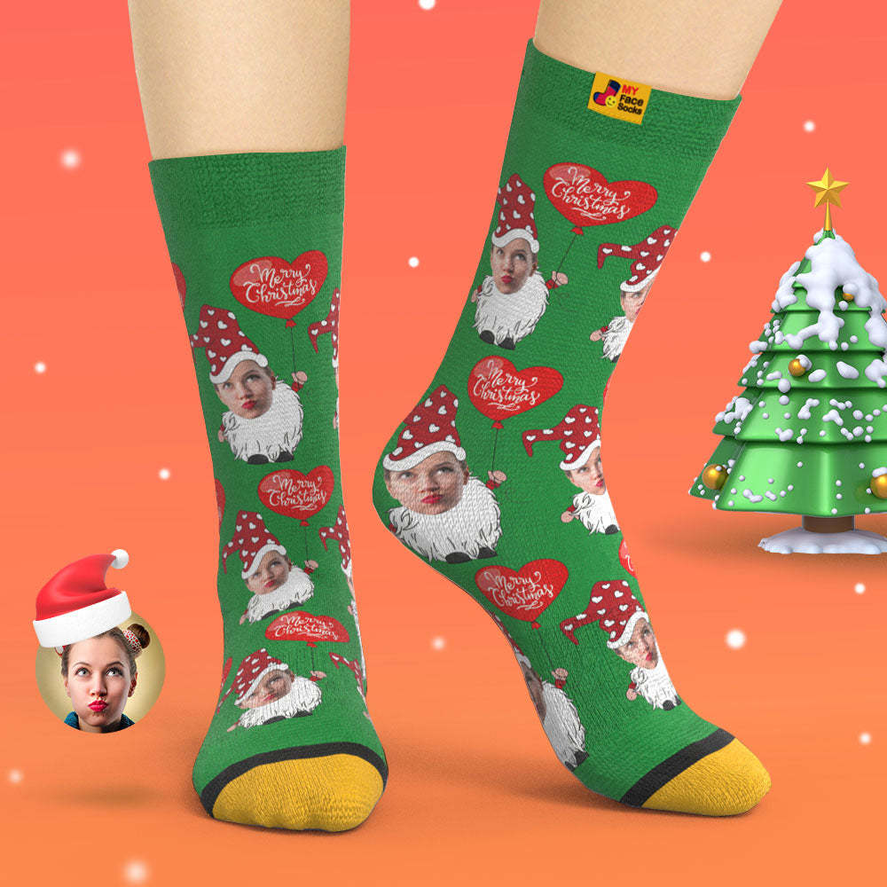 Custom 3D Digital Printed Socks Christmas Gnome With Heart Shaped Balloon Christmas Socks - MyFaceSocksAu